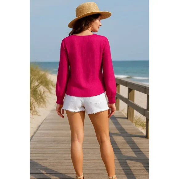 Simply Styled by Sears Sheer XL Fuschia Pink Long Sleeve Blouse Keyhole Neckline - Picture 4 of 10